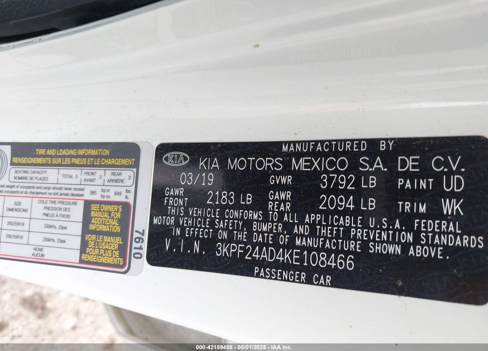 2019 KIA FORTE VIN: 3KPF24AD4KE108466