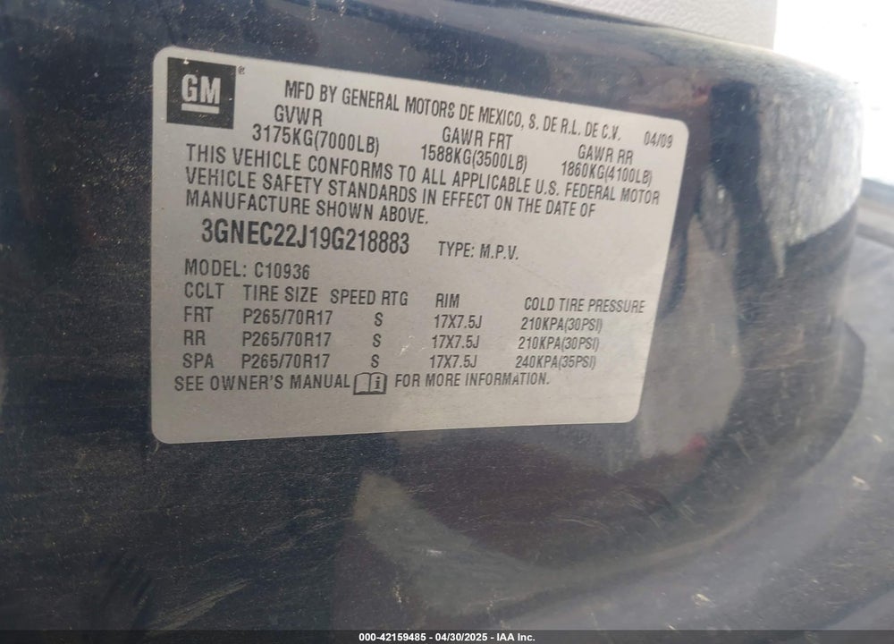 2009 CHEVROLET AVALANCHE 1500 VIN: 3GNEC22J19G218883