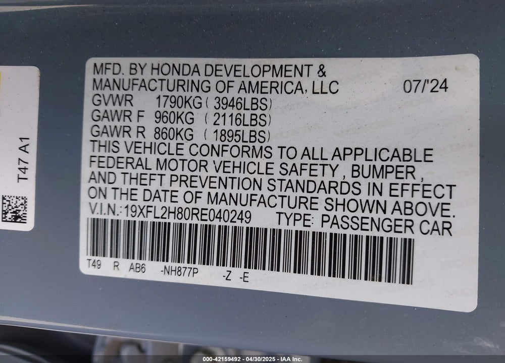 2024 HONDA CIVIC SPORT VIN: 19XFL2H80RE040249
