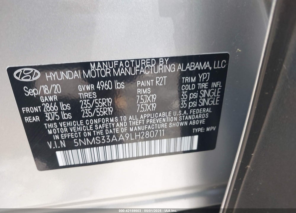 2020 HYUNDAI SANTA FE SEL 2.0T VIN: 5NMS33AA9LH280711