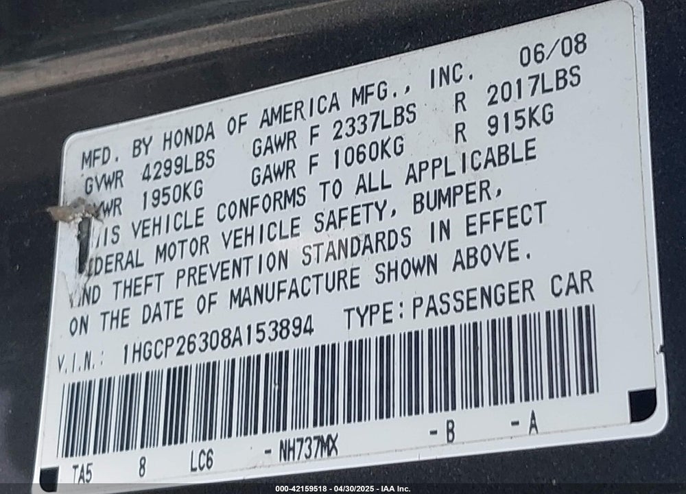 2008 HONDA ACCORD VIN: 1HGCP26308A153894