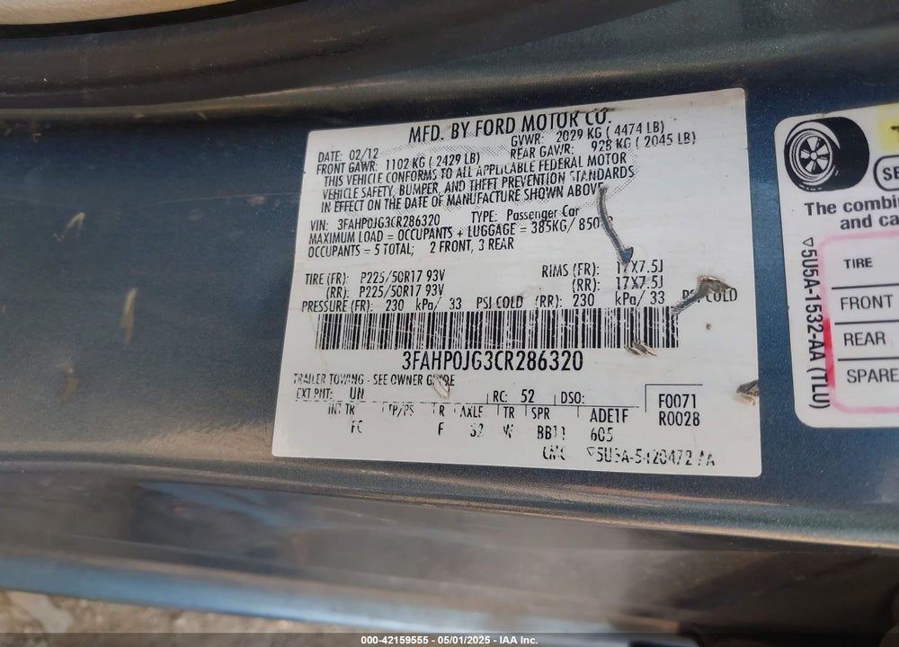 2012 FORD FUSION VIN: 3FAHP0JG3CR286320