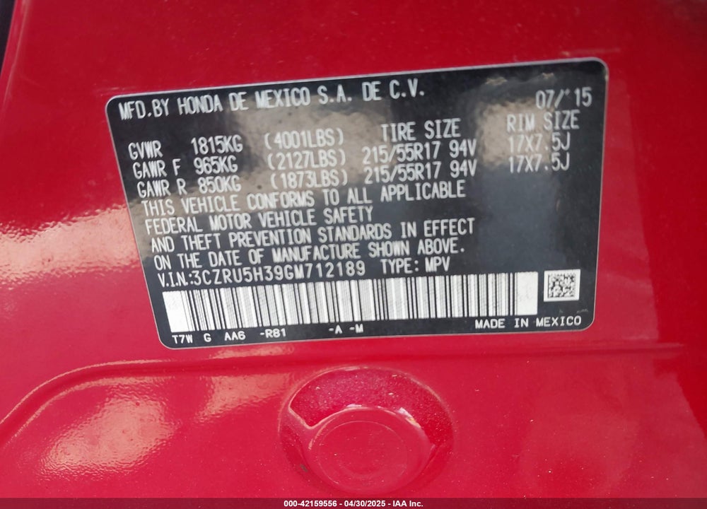 2016 HONDA HR-V LX VIN: 3CZRU5H39GM712189