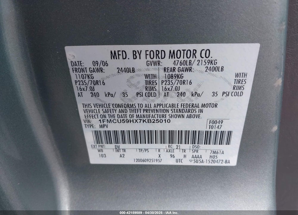 2007 FORD ESCAPE HYBRID VIN: 1FMCU59HX7KB25010