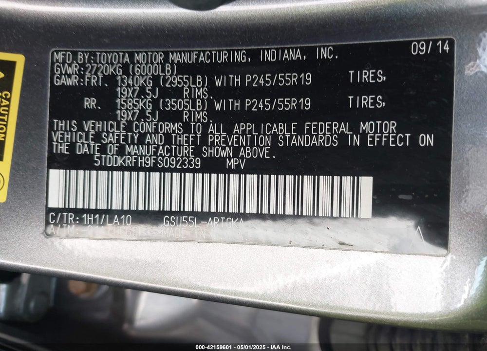 2015 TOYOTA HIGHLANDER VIN: 5TDDKRFH9FS092339
