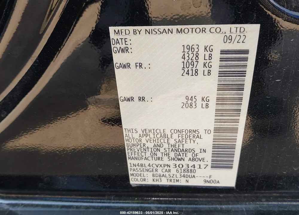 2023 NISSAN ALTIMA SR FWD VIN: 1N4BL4CVXPN303417