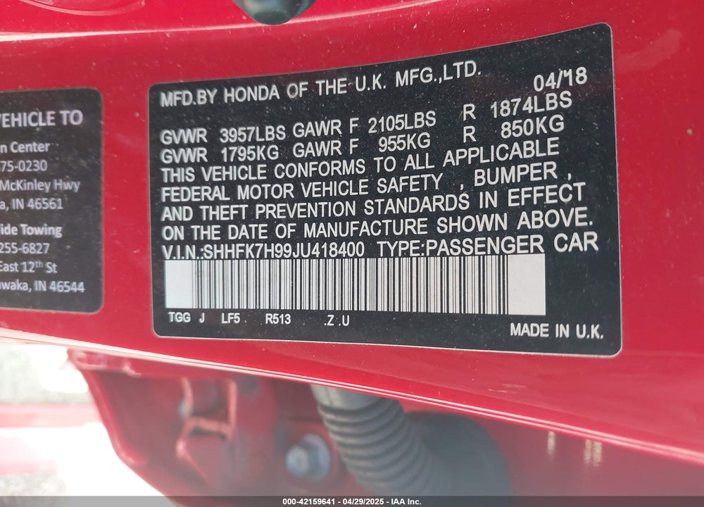 2018 HONDA CIVIC VIN: SHHFK7H99JU418400