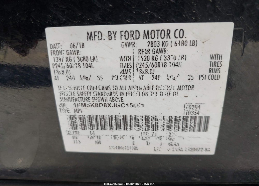 2018 FORD EXPLORER XLT VIN: 1FM5K8D8XJGC15551