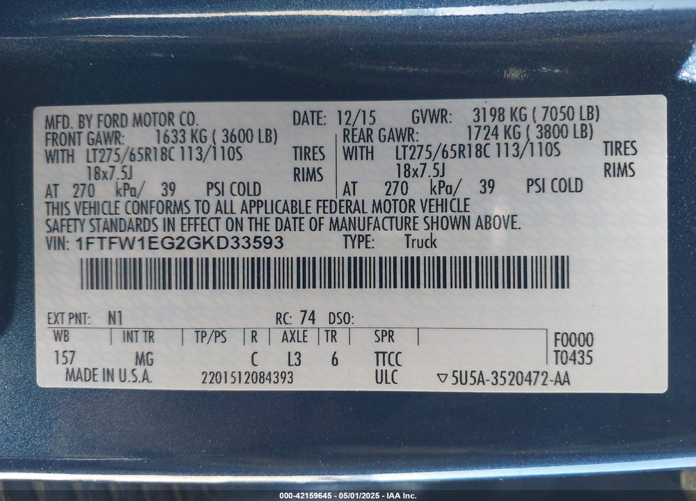2016 FORD F150 VIN: 1FTFW1EG2GKD33593