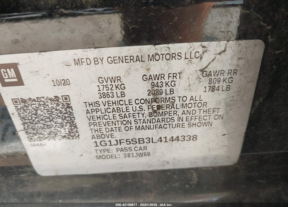2020 CHEVROLET SONIC VIN: 1G1JF5SB3L4144338