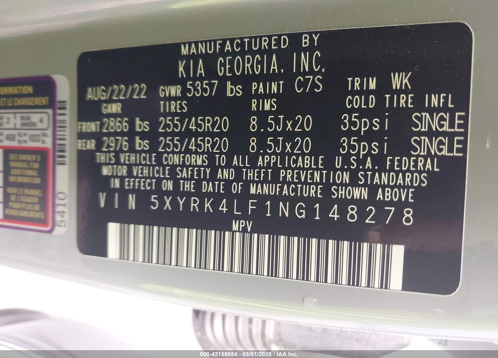 2022 KIA SORENTO SX VIN: 5XYRK4LF1NG148278