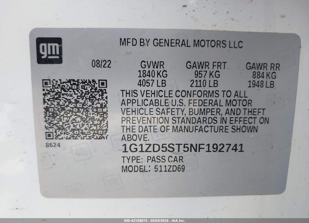 2022 CHEVROLET MALIBU VIN: 1G1ZD5ST5NF192741