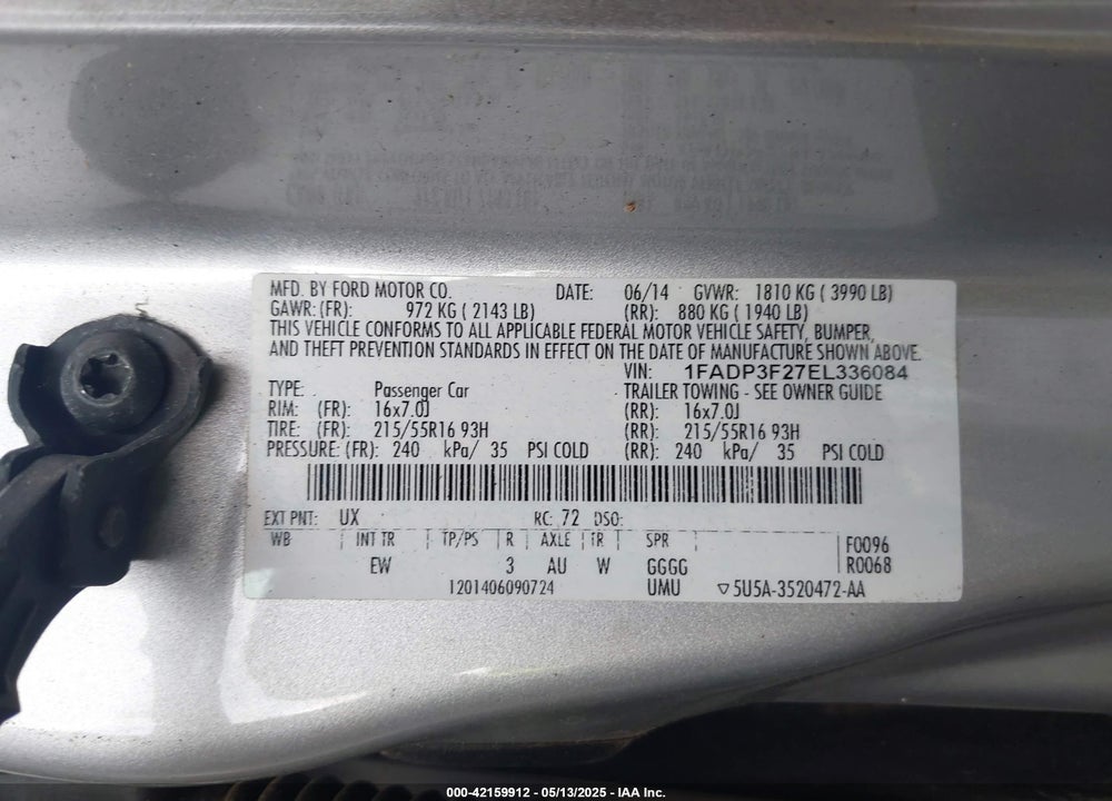 2014 FORD FOCUS VIN: 1FADP3F27EL336084