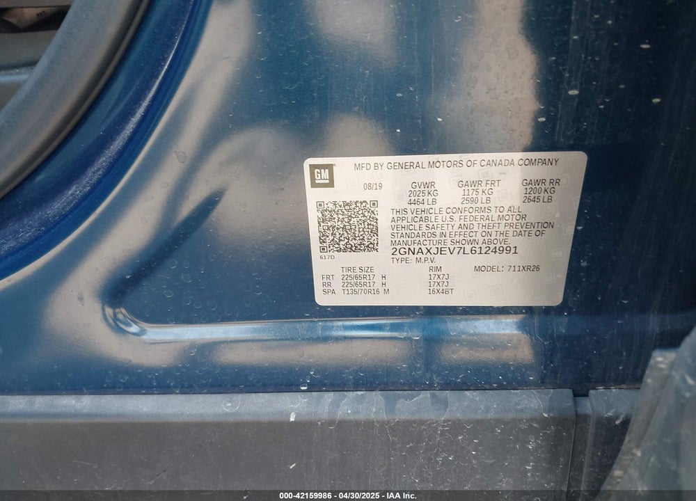 2020 CHEVROLET EQUINOX FWD 2FL VIN: 2GNAXJEV7L6124991