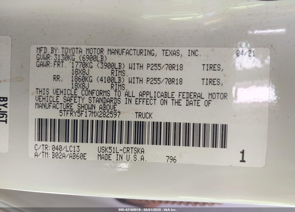 2021 TOYOTA TUNDRA VIN: 5TFRY5F17MX282597