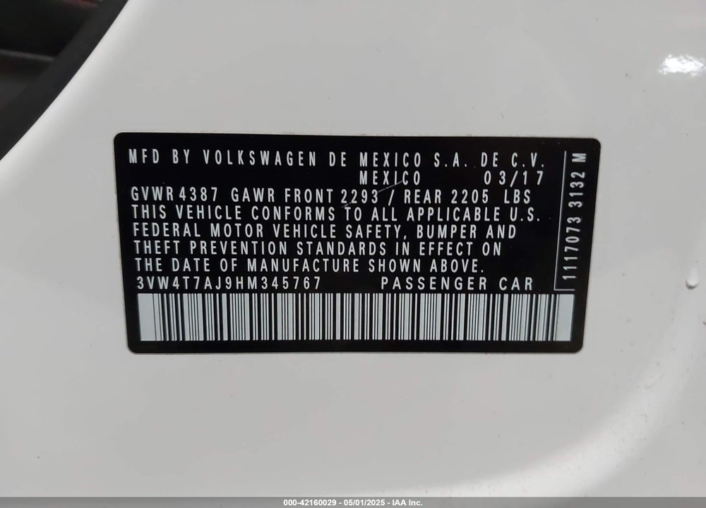 2017 VOLKSWAGEN JETTA VIN: 3VW4T7AJ9HM345767