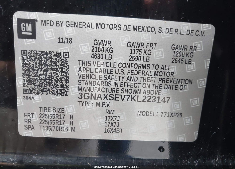 2019 CHEVROLET EQUINOX LS VIN: 3GNAXSEV7KL223147