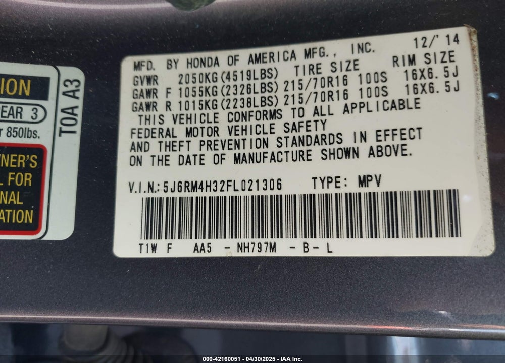 2015 HONDA CR-V LX VIN: 5J6RM4H32FL021306