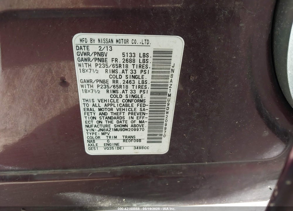 2013 NISSAN MURANO VIN: JN8AZ1MU9DW209970