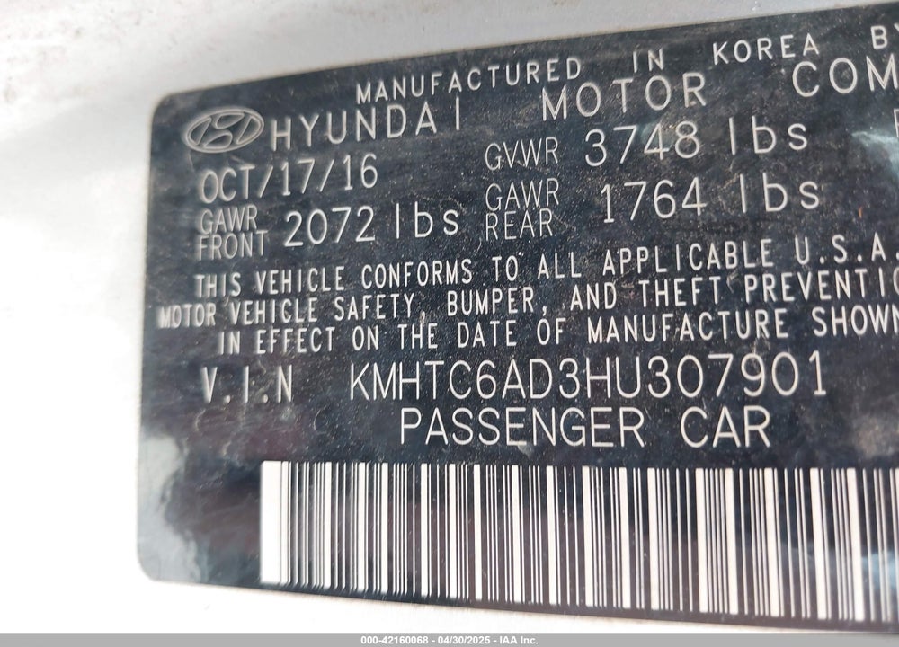 2017 HYUNDAI VELOSTER VIN: KMHTC6AD3HU307901