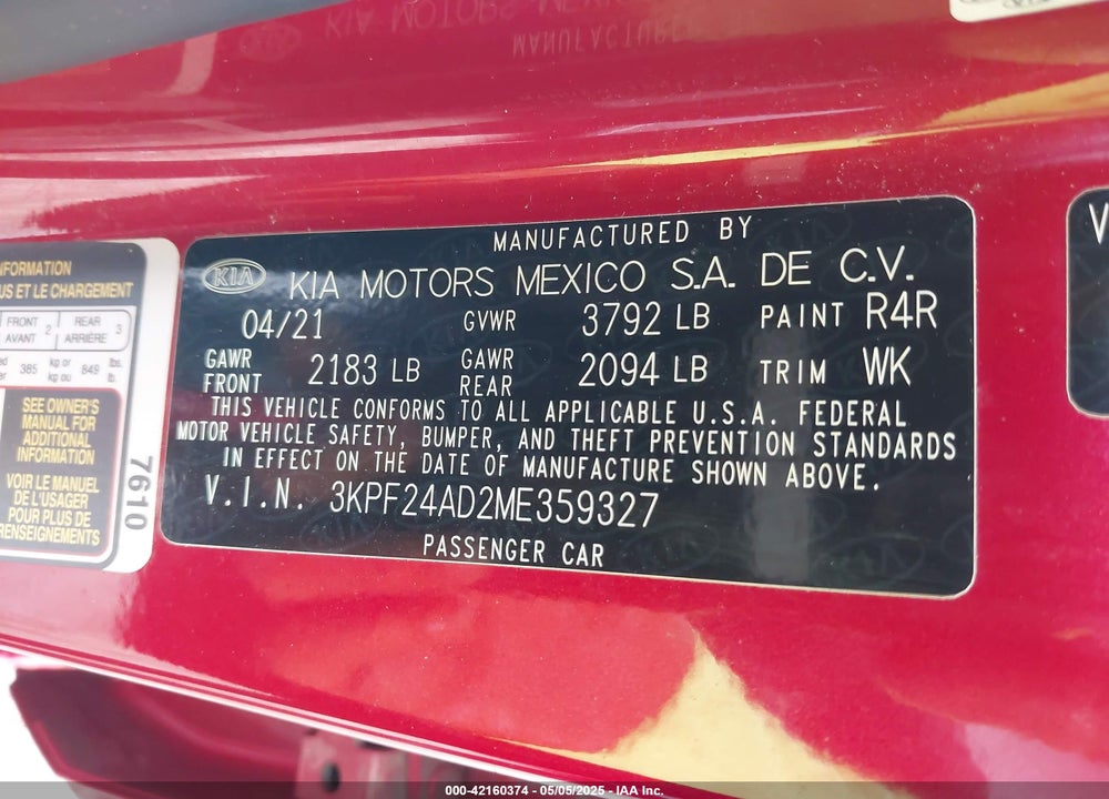 2021 KIA FORTE VIN: 3KPF24AD2ME359327