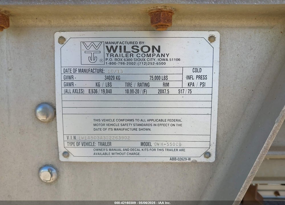 2014 WILSON TRAILER CO --- VIN: 1W14503A3E2263902
