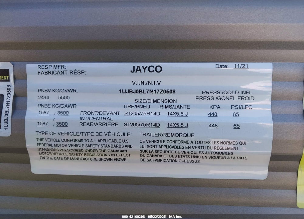 2022 JAYCO JAY FLIGHT SLX 212QB TRAVEL TRAILER VIN: 1UJBJ0BL7N17Z0508