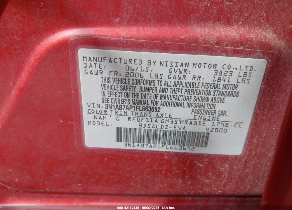 2015 NISSAN SENTRA FE+ S/S/SL/SR/SV VIN: 3N1AB7AP1FL663692