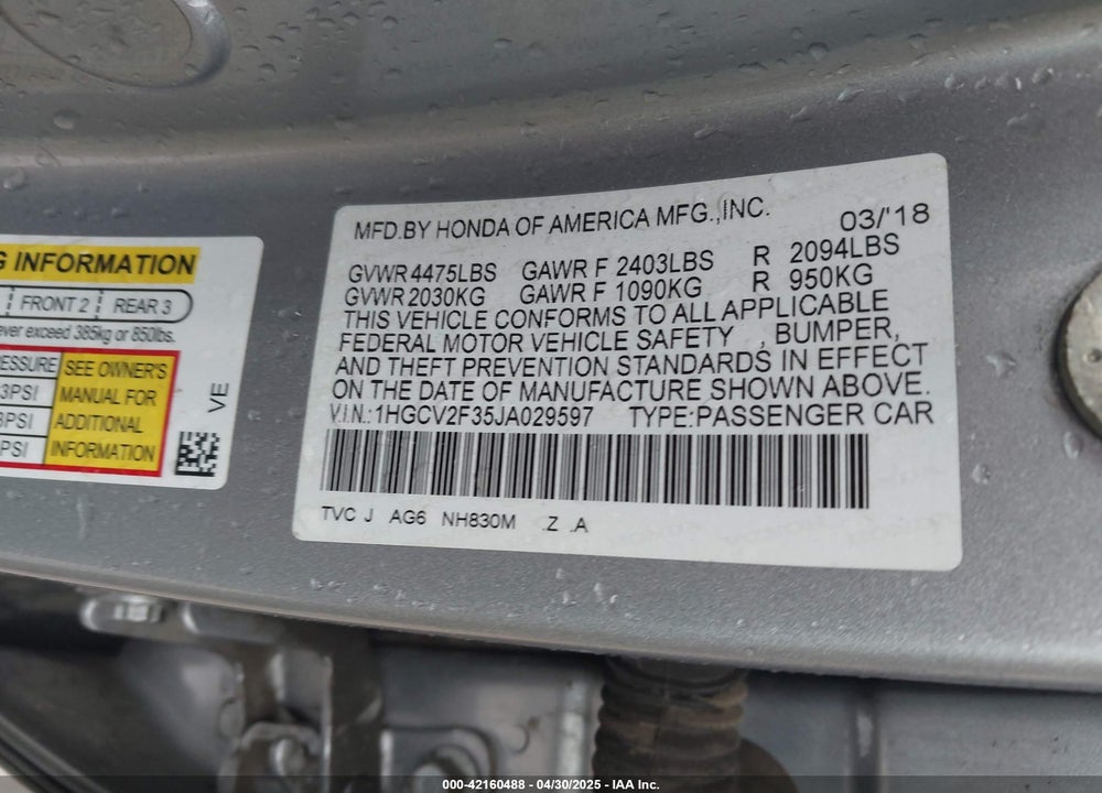 2018 HONDA ACCORD VIN: 1HGCV2F35JA029597