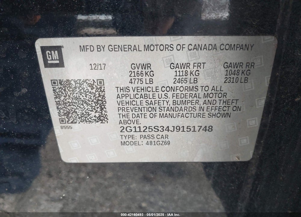 2018 CHEVROLET IMPALA VIN: 2G1125S34J9151748