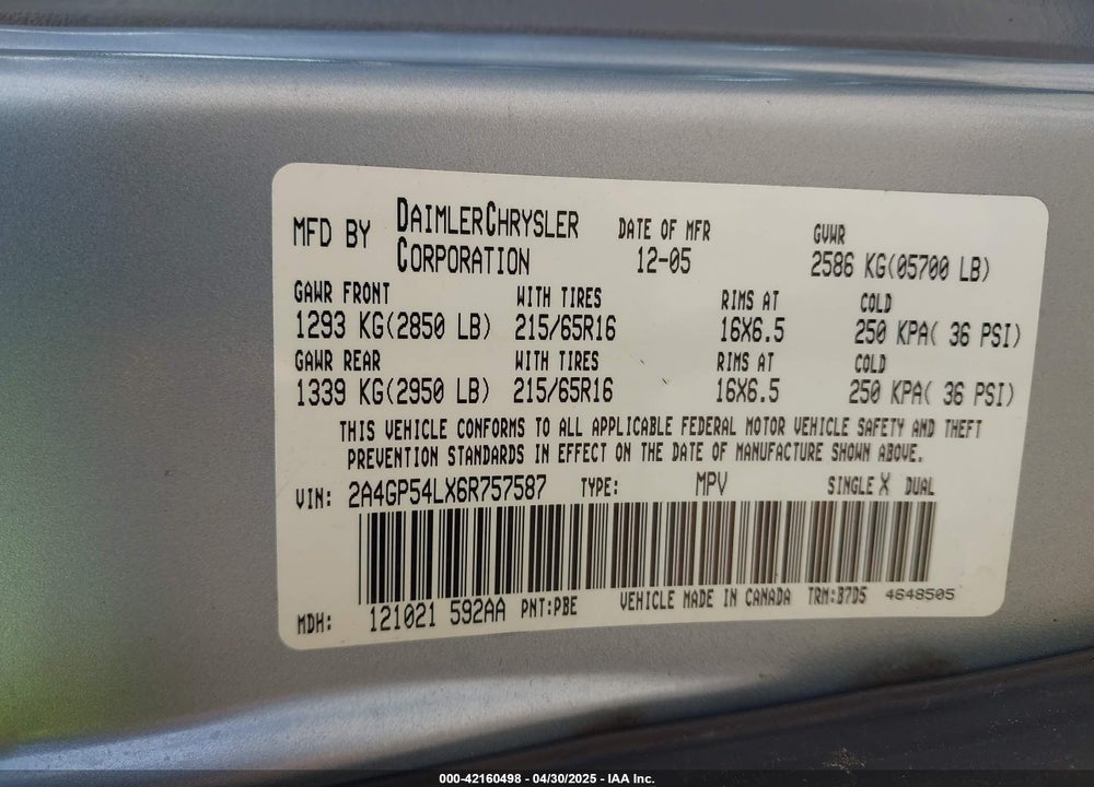 2006 CHRYSLER TOWN & COUNTRY TOURING VIN: 2A4GP54LX6R757587