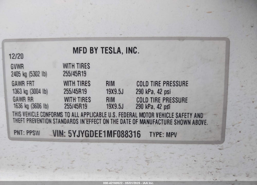 2021 TESLA MODEL Y LONG RANGE DUAL MOTOR ALL-WHEEL DRIVE VIN: 5YJYGDEE1MF088316