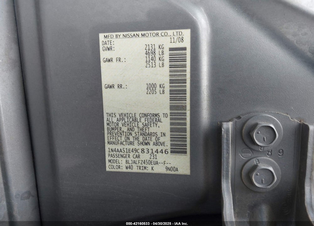 2009 NISSAN MAXIMA VIN: 1N4AA51E49C831446
