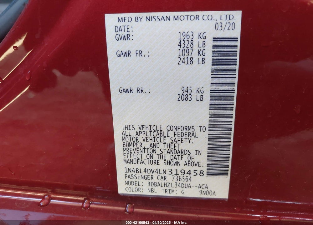 2020 NISSAN ALTIMA VIN: 1N4BL4DV4LN319458