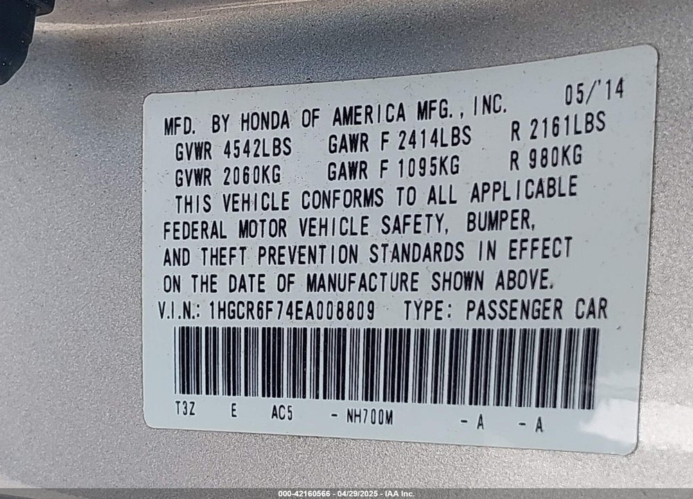 2014 HONDA ACCORD VIN: 1HGCR6F74EA008809
