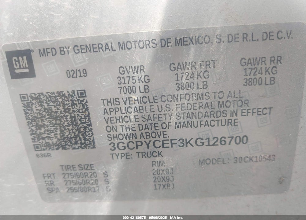 2019 CHEVROLET SILVERADO 1500 VIN: 3GCPYCEF3KG126700