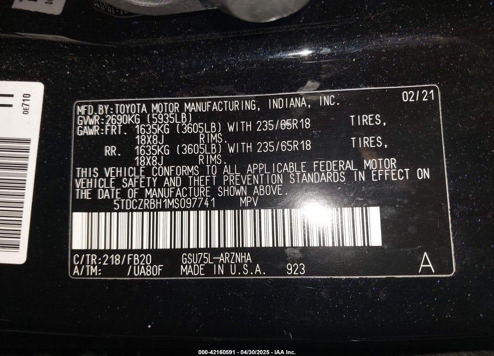 2021 TOYOTA HIGHLANDER VIN: 5TDCZRBH1MS097741