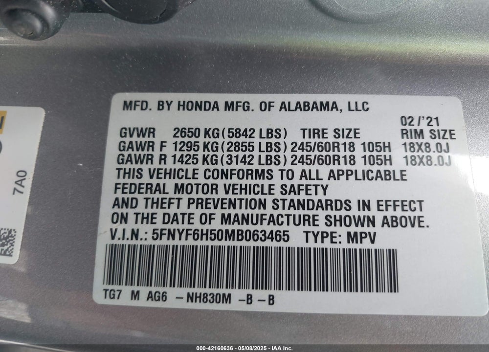 2021 HONDA PILOT VIN: 5FNYF6H50MB063465