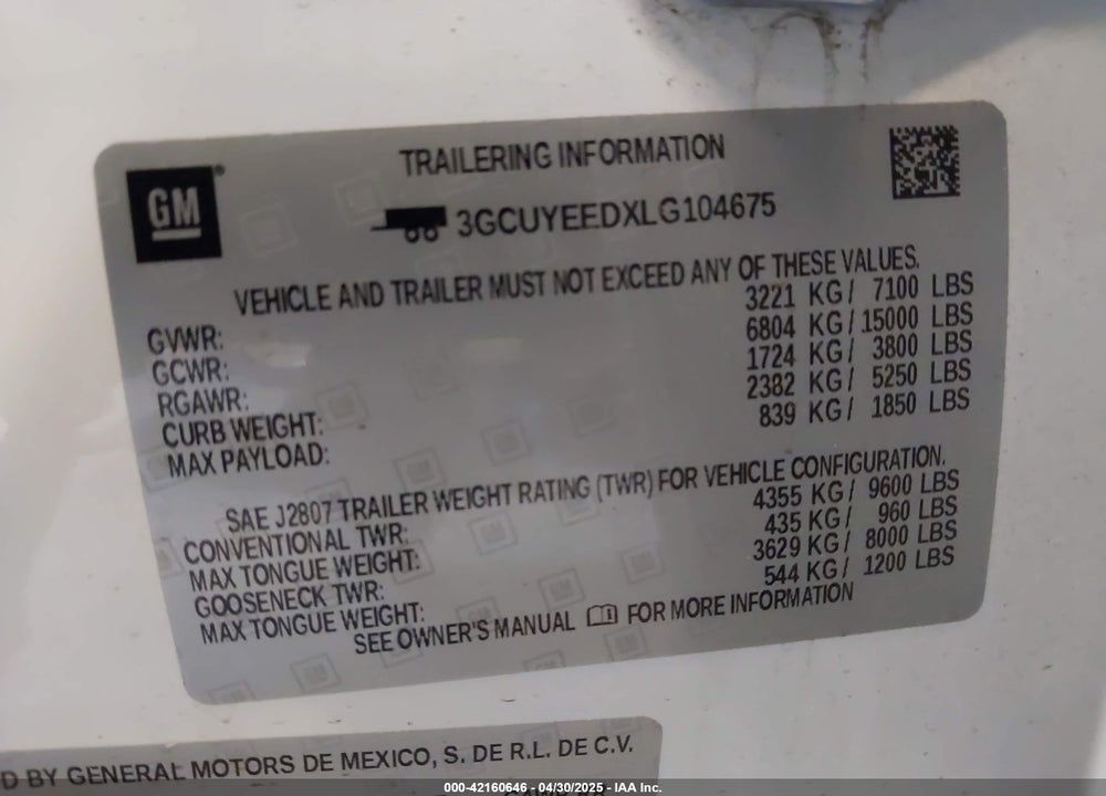 2020 CHEVROLET SILVERADO 1500 4WD STANDARD BED RST VIN: 3GCUYEEDXLG104675