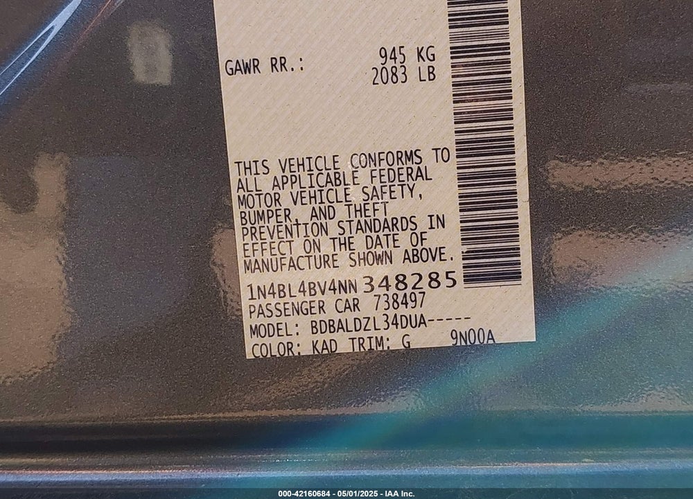 2022 NISSAN ALTIMA VIN: 1N4BL4BV4NN348285