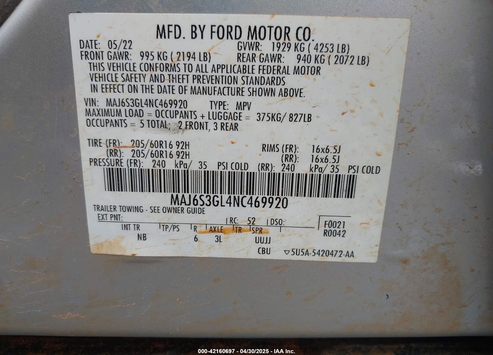 2022 FORD ECOSPORT SE VIN: MAJ6S3GL4NC469920