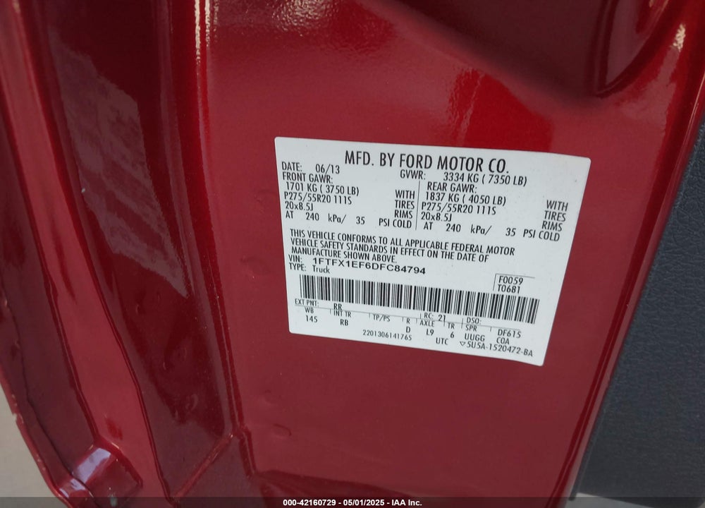 2013 FORD F-150 FX4 VIN: 1FTFX1EF6DFC84794