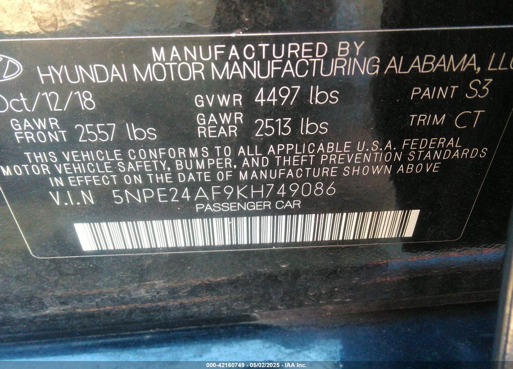 2019 HYUNDAI SONATA SE VIN: 5NPE24AF9KH749086