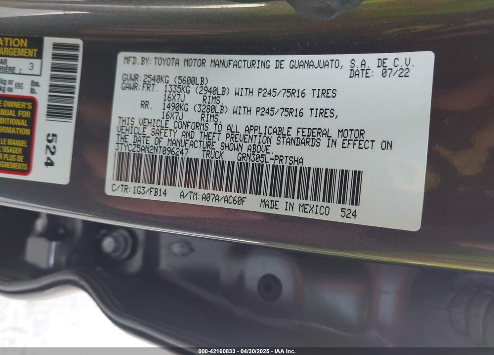 2022 TOYOTA TACOMA VIN: 3TYCZ5AN2NT096247