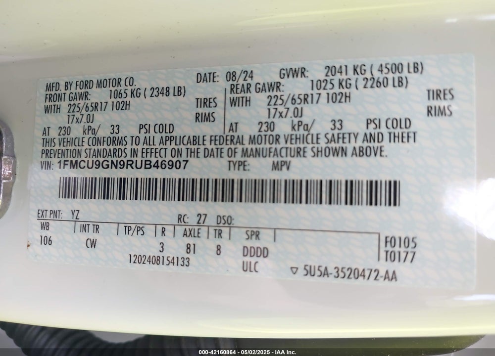 2024 FORD ESCAPE VIN: 1FMCU9GN9RUB46907