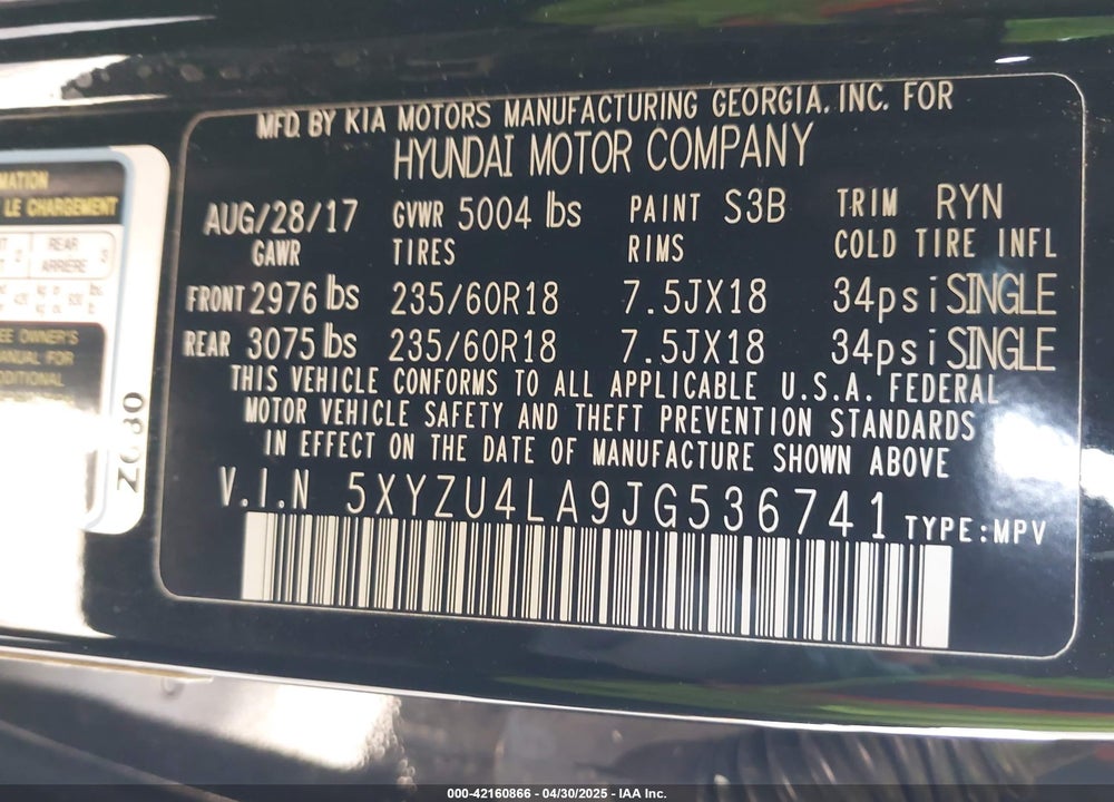 2018 HYUNDAI SANTA FE SPORT 2.0T VIN: 5XYZU4LA9JG536741