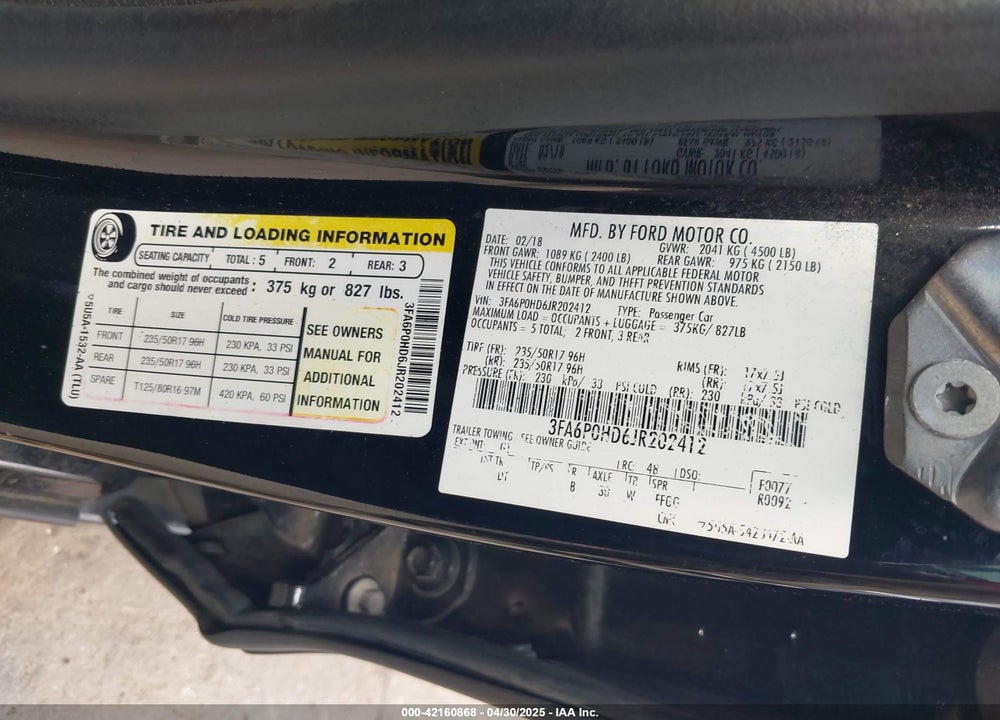 2018 FORD FUSION VIN: 3FA6P0HD6JR202412