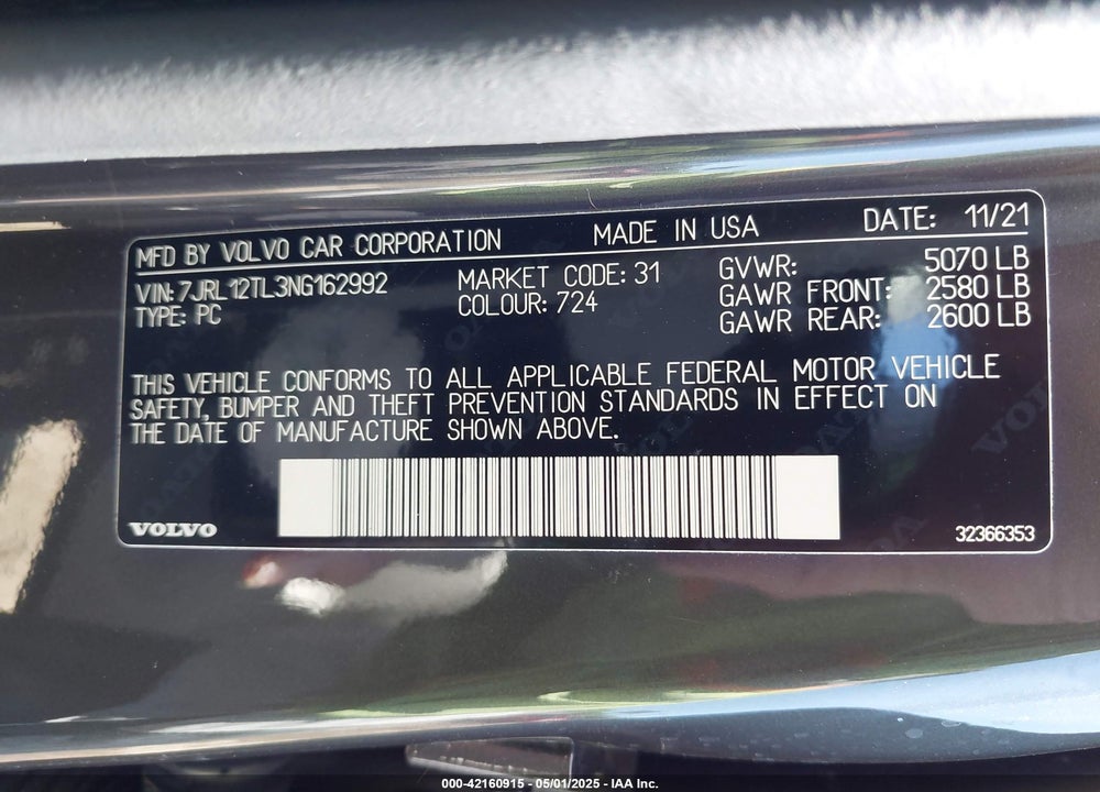 2022 VOLVO S60 VIN: 7JRL12TL3NG162992