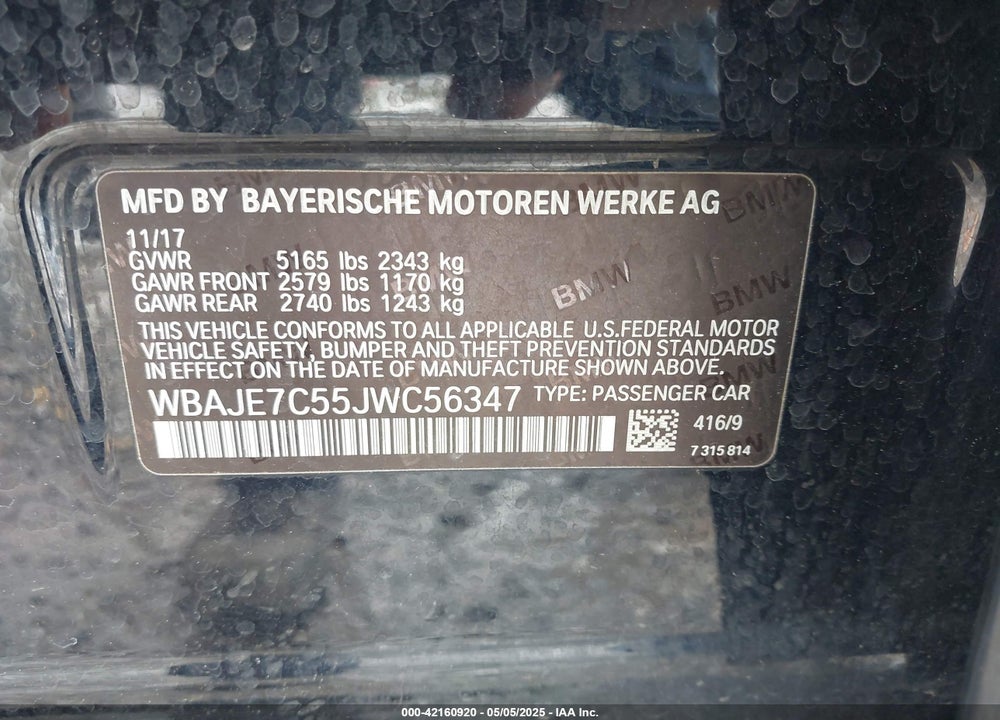 2018 BMW 540I VIN: WBAJE7C55JWC56347