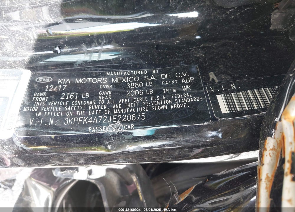 2018 KIA FORTE VIN: 3KPFK4A72JE220675